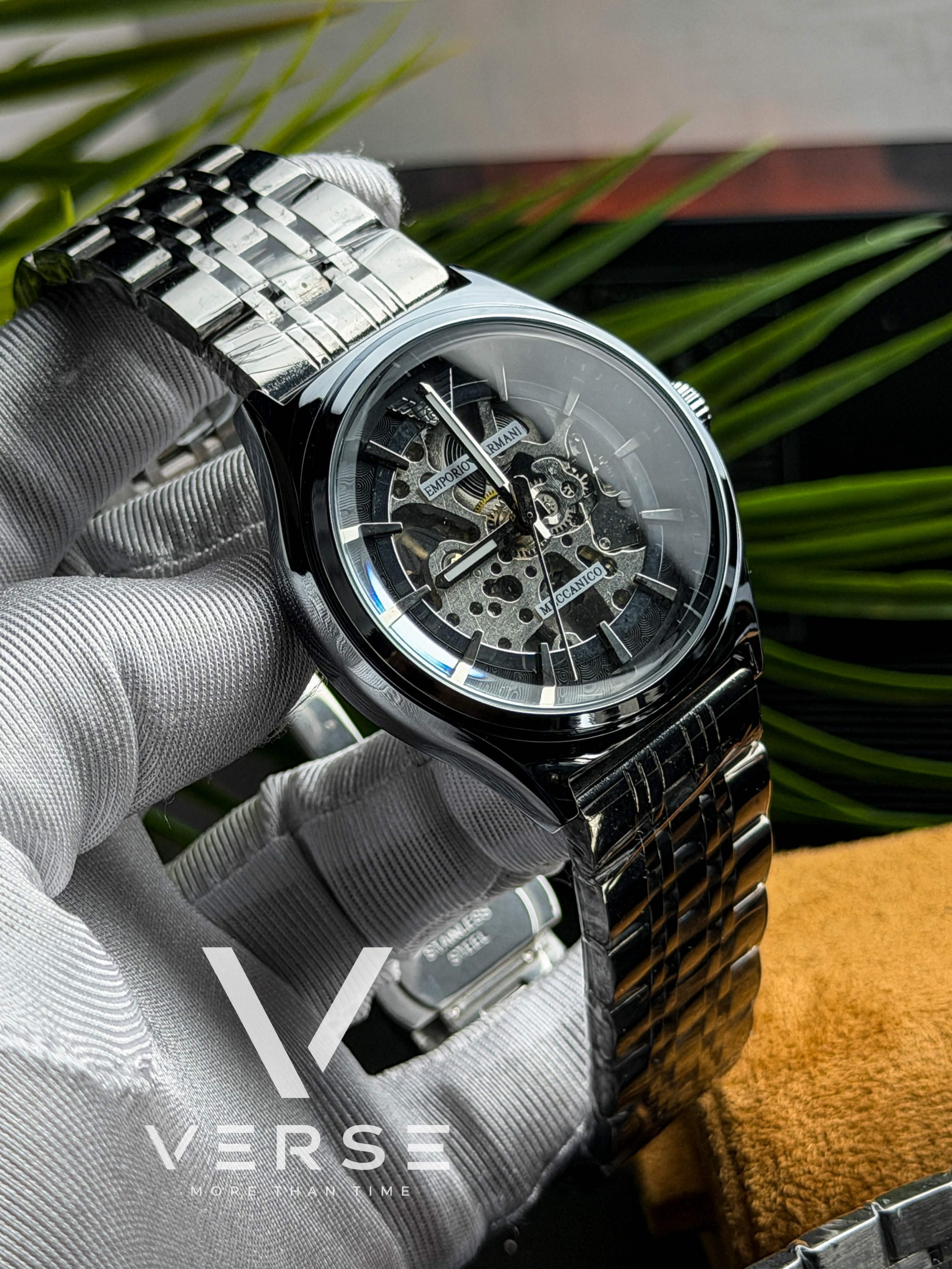 Emporio Armani Antonio Meccanico | Black Skeleton Dial - ( Semi