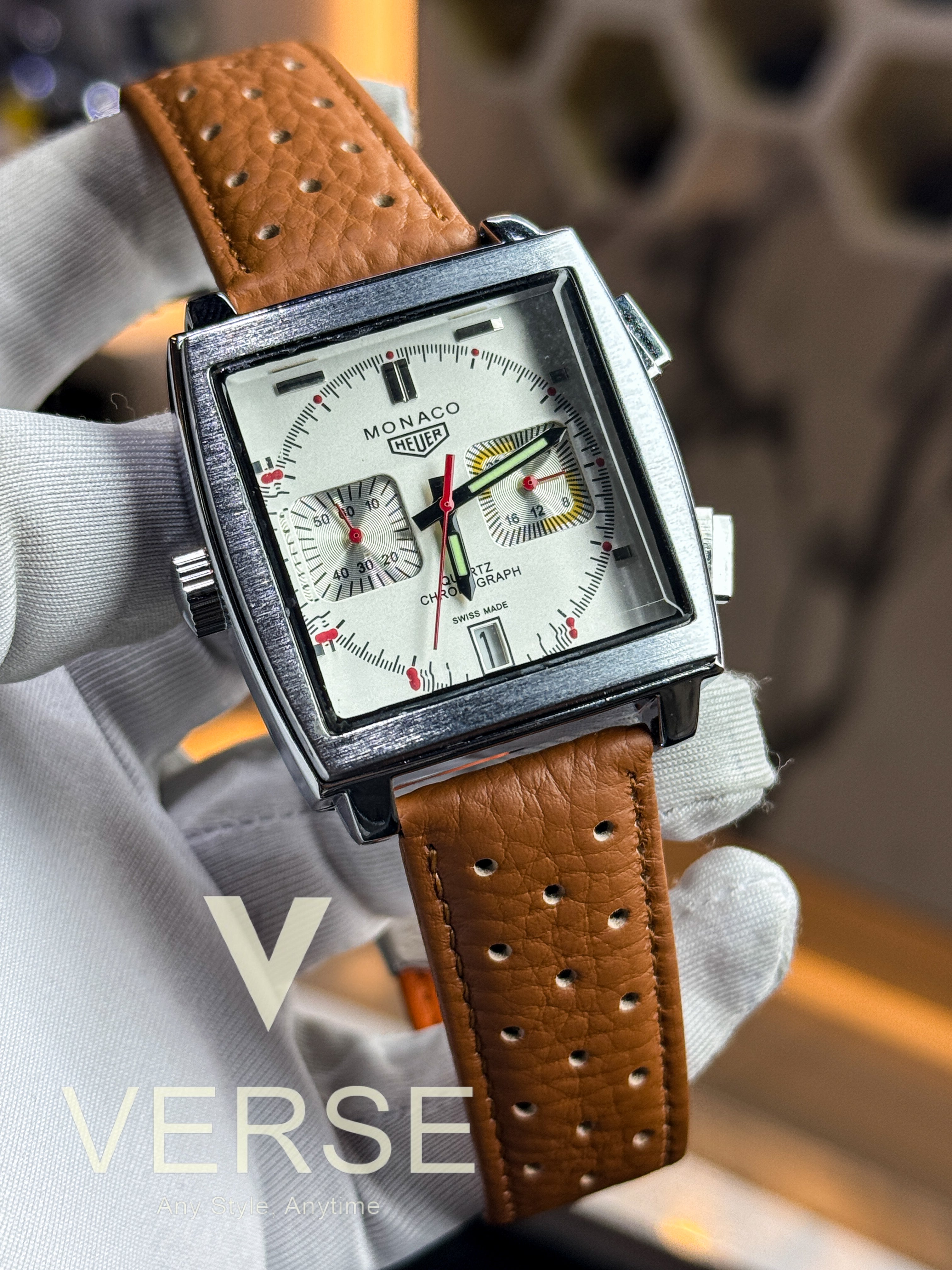 TagHeuer Monaco Chronograph | White Dial Brown Strap - AA - VERSE - 