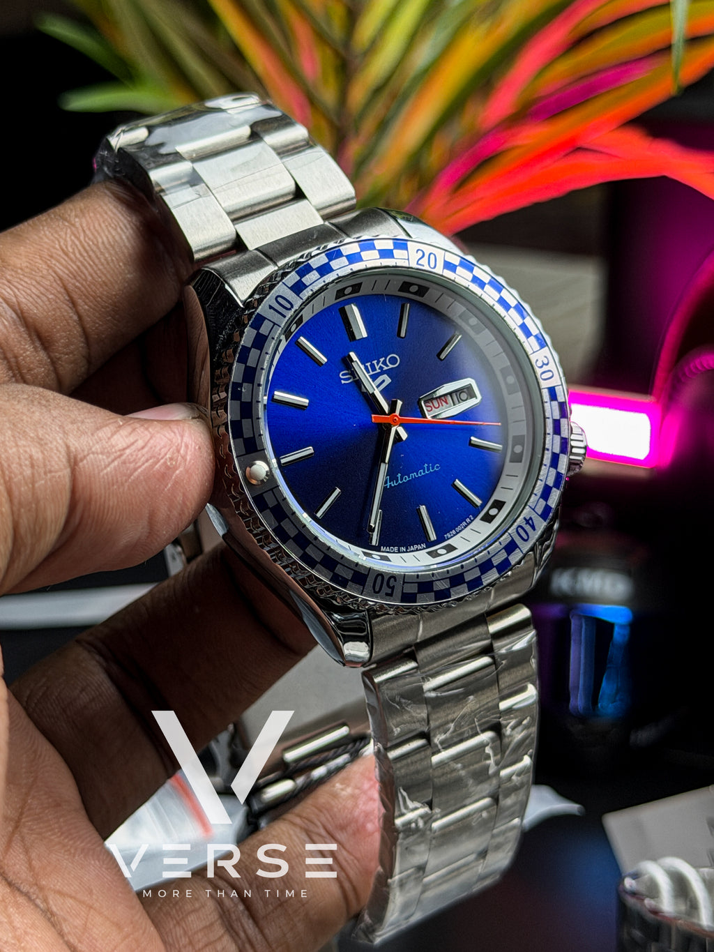 Seiko 5 Sports Checker Flag Style Automatic Watch – Royal Blue Sunburst Dial | Blue & White Bezel (Double A)