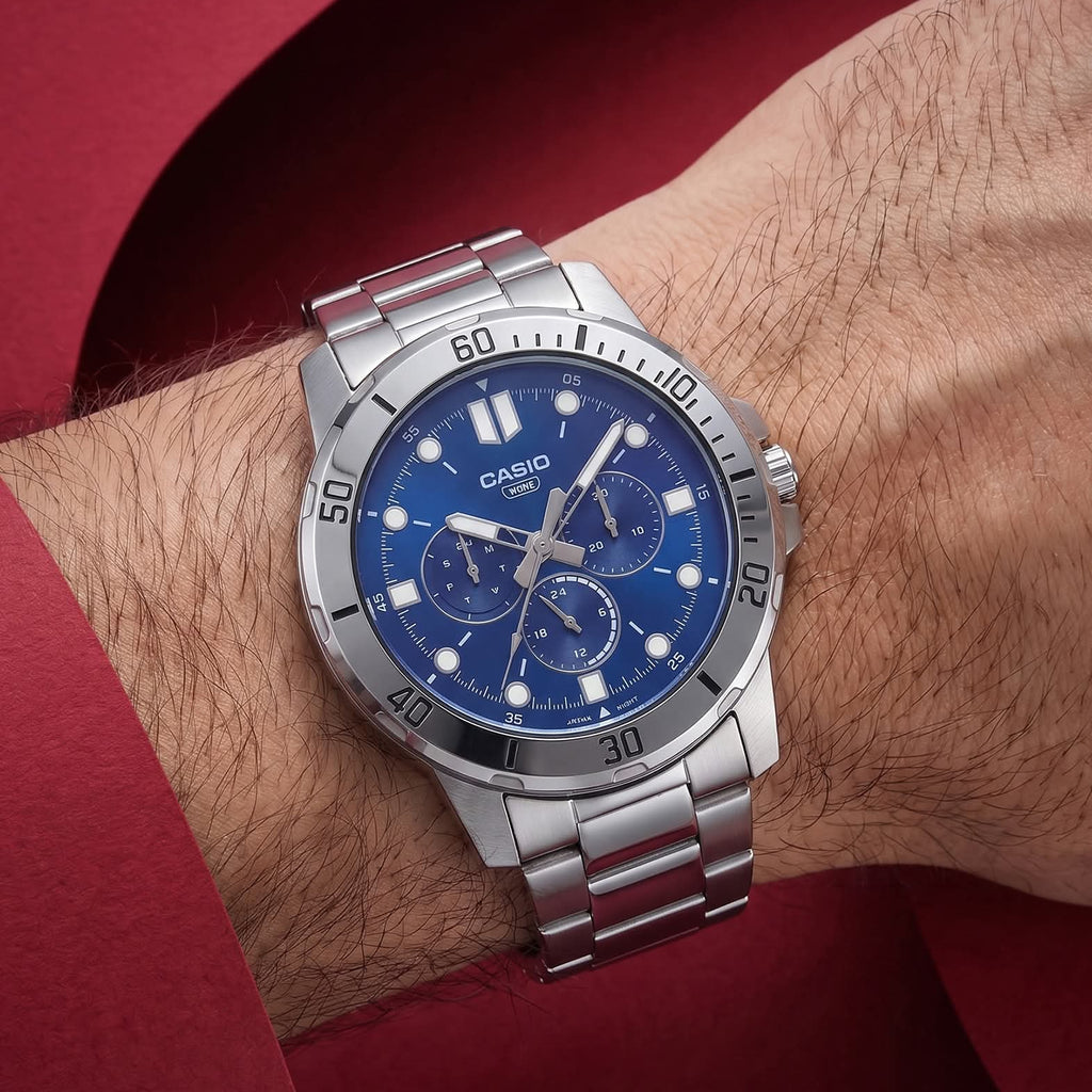 Casio Enticer MTP-VD300D-2EUDF Blue Dial Stainless Steel Men's Multifunction Watch | Casio MTP-VD300D-2EUDF