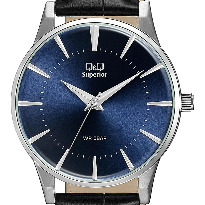 Q&Q Superior S398J302Y Blue Dial Black Leather Strap Men's Watch | Q&Q S398J302Y