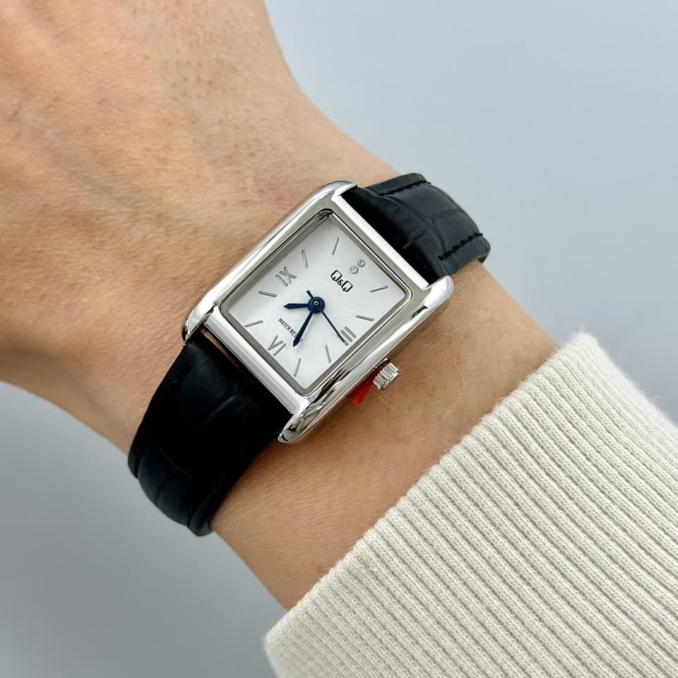 Q&Q C69A-010PY Crisp White Rectangular Dial  Black Leather Women's Watch | Q&Q C69A-010PY