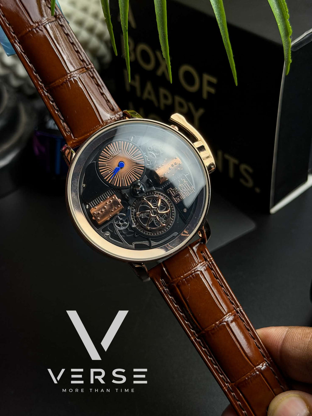 Jacob & Co. Opera Godfather Quartz | Rose Gold Tone Brown Leather Strap Watch - ( Double A )