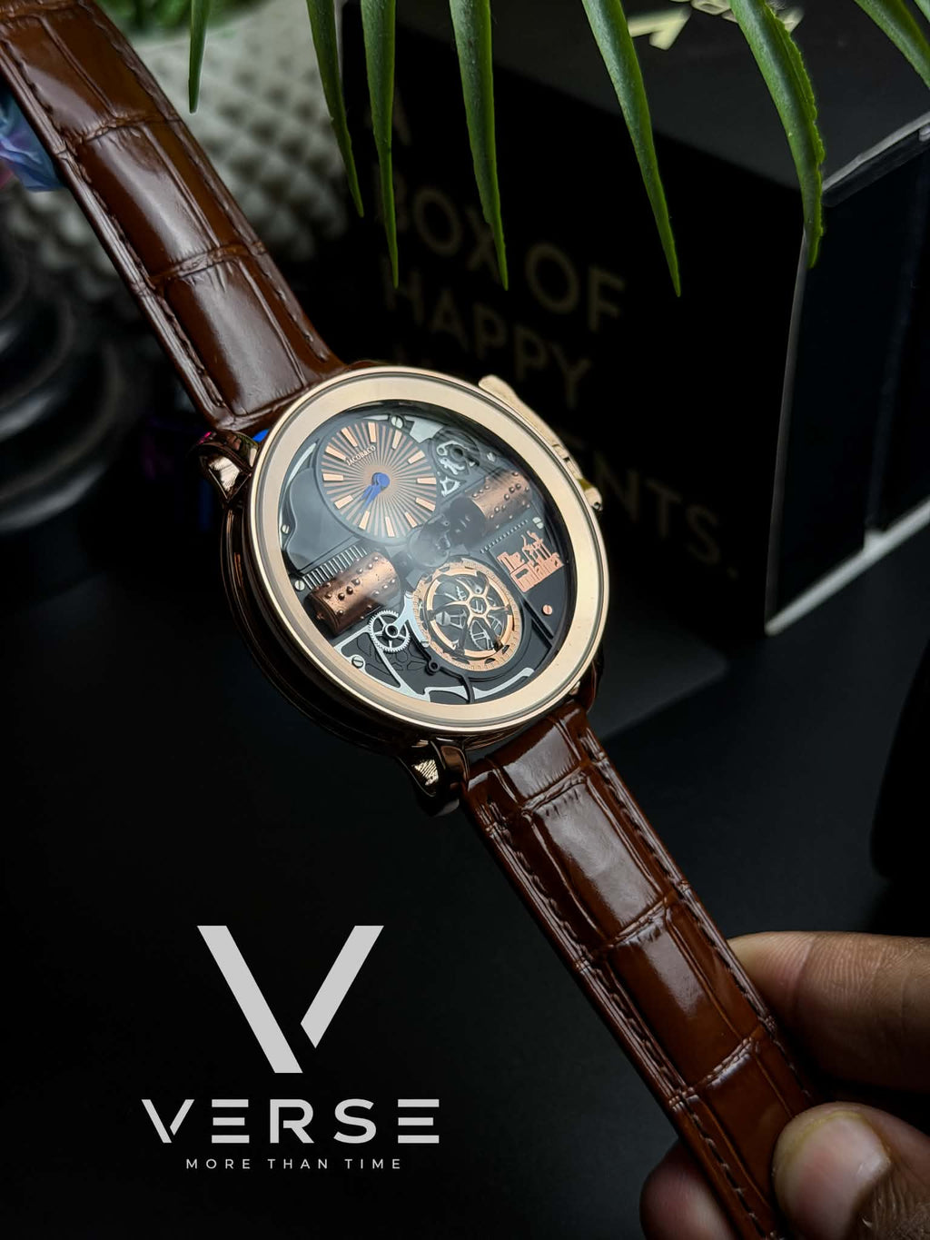 Jacob & Co. Opera Godfather Quartz | Rose Gold Tone Brown Leather Strap Watch - ( Double A )