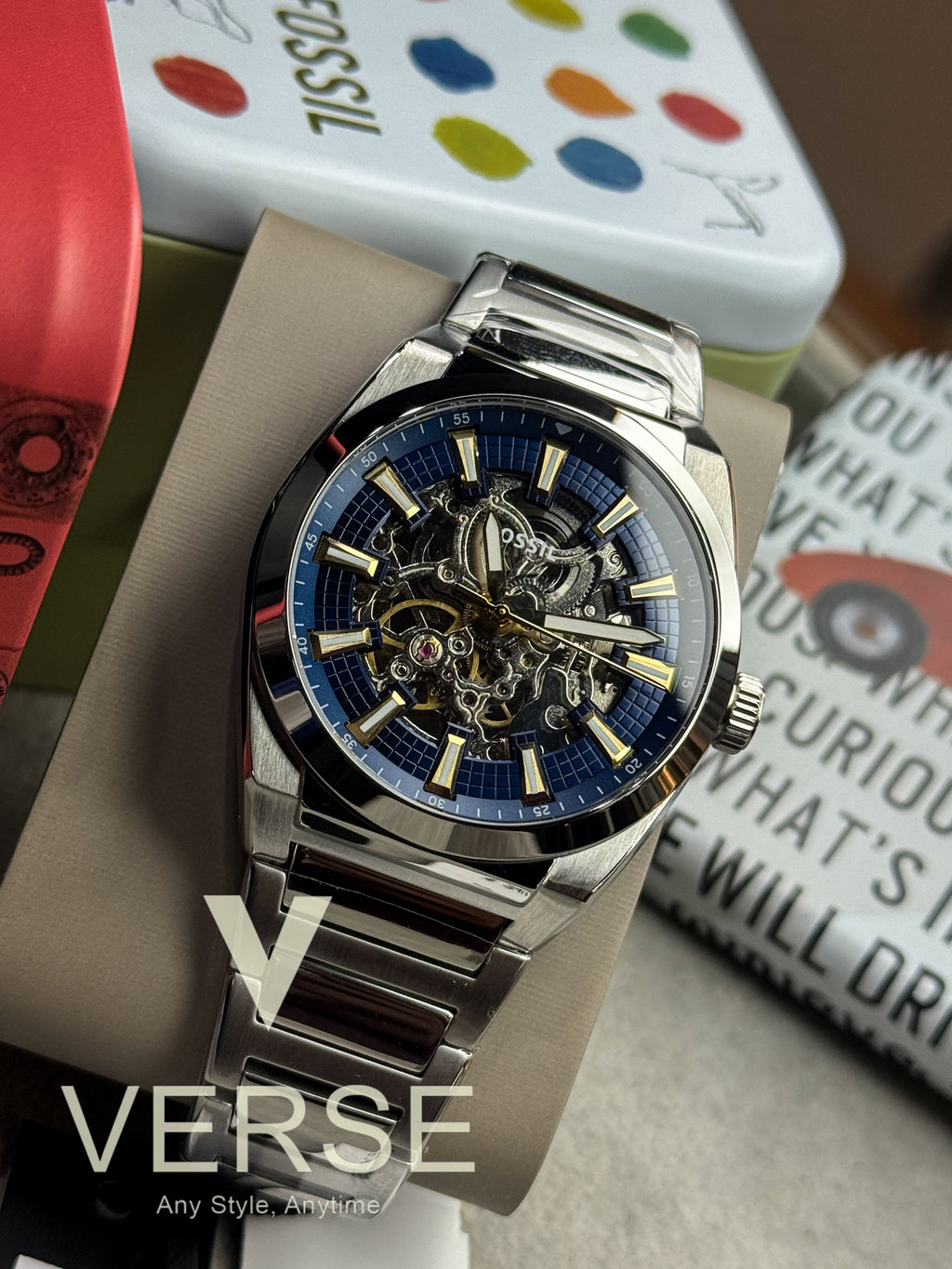 Fossil Everett Automatic Skeleton Blue Dial Stainless Steel Men’s Watch | ME3220 - VERSE - 