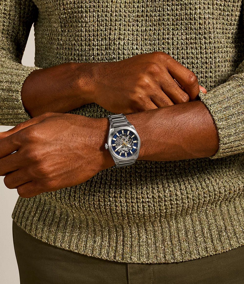 Fossil Everett Automatic Skeleton Blue Dial Stainless Steel Men’s Watch | ME3220 - VERSE - 