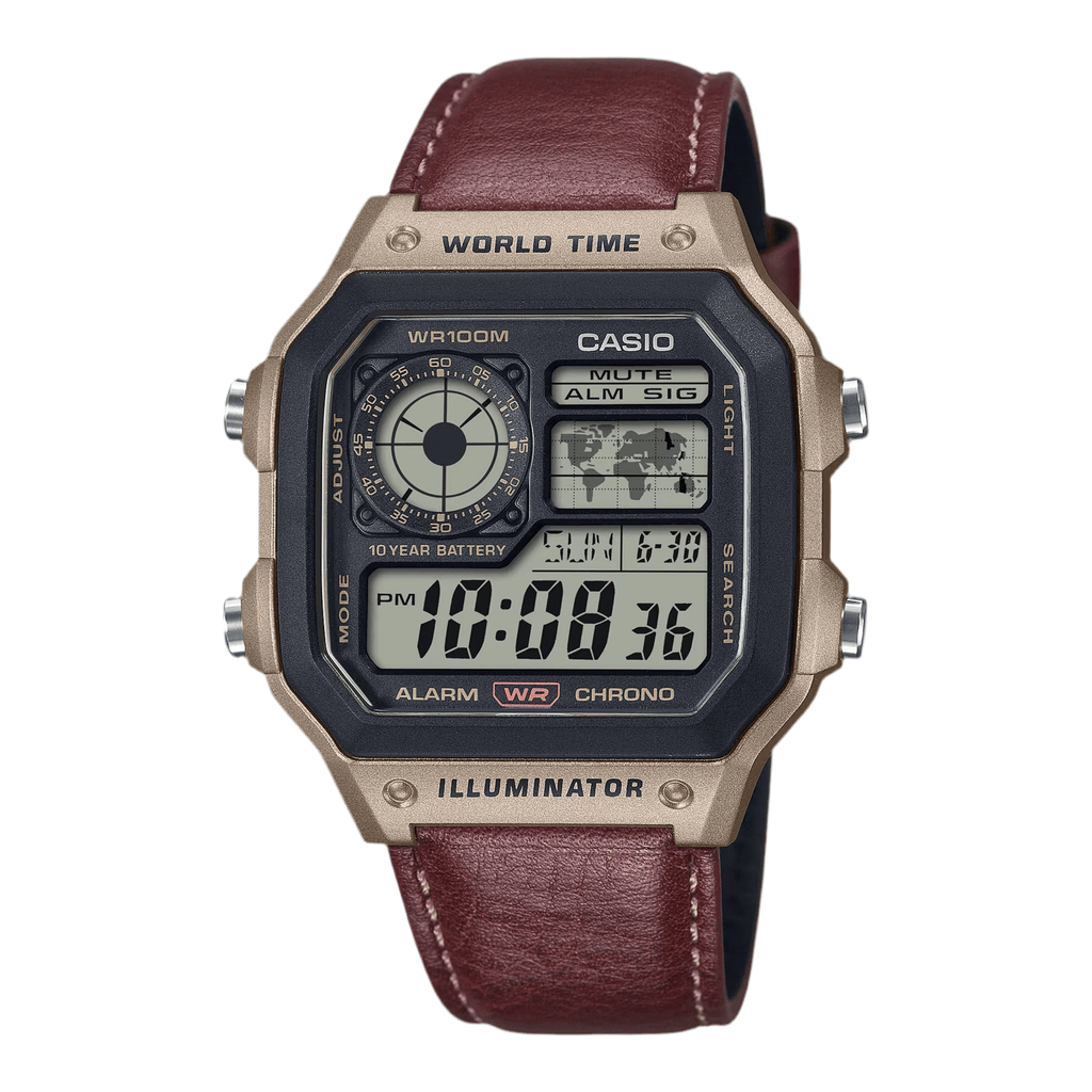 Casio AE - 1200WHL “Royale Leather” World Time Digital Watch – Brown Strap - VERSE - 