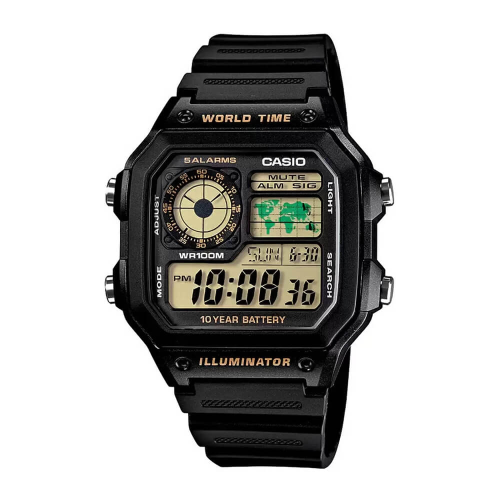 Casio AE-1200WH-1BVDF Casio Royale Black Digital World Time Watch with Black Resin Band