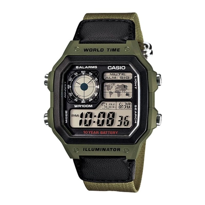 Casio AE-1200WHB-3BV “Casio Royale” Men’s World Time Digital Watch with Green Nylon Band | Casio AE-1200WHB-3BVVERSE