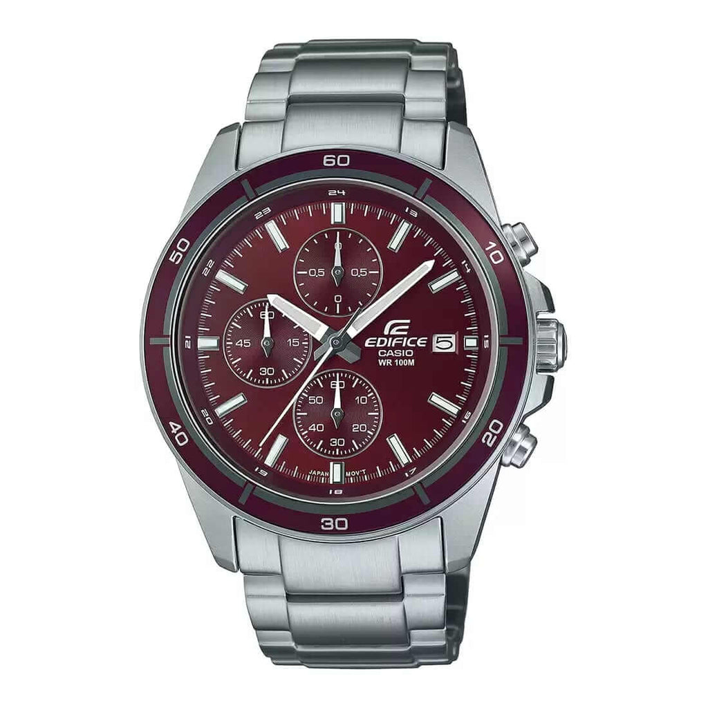 Casio Edifice EFR-526D-5CVUDF red-brown burgundy chronograph dial silver-tone stainless steel men's watch with 100m water resistance