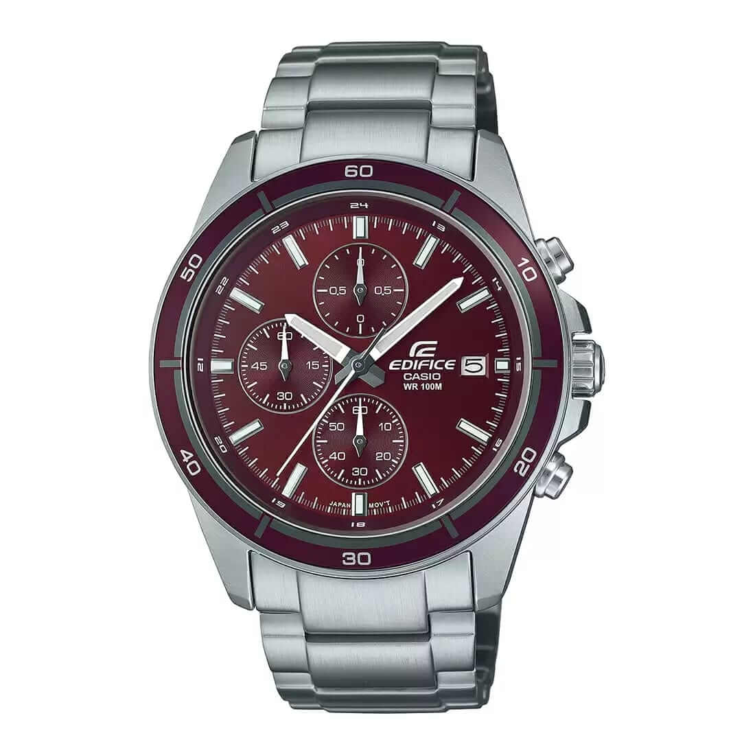 Casio Edifice EFR-526D-5CVUDF red-brown burgundy chronograph dial silver-tone stainless steel men's watch with 100m water resistance