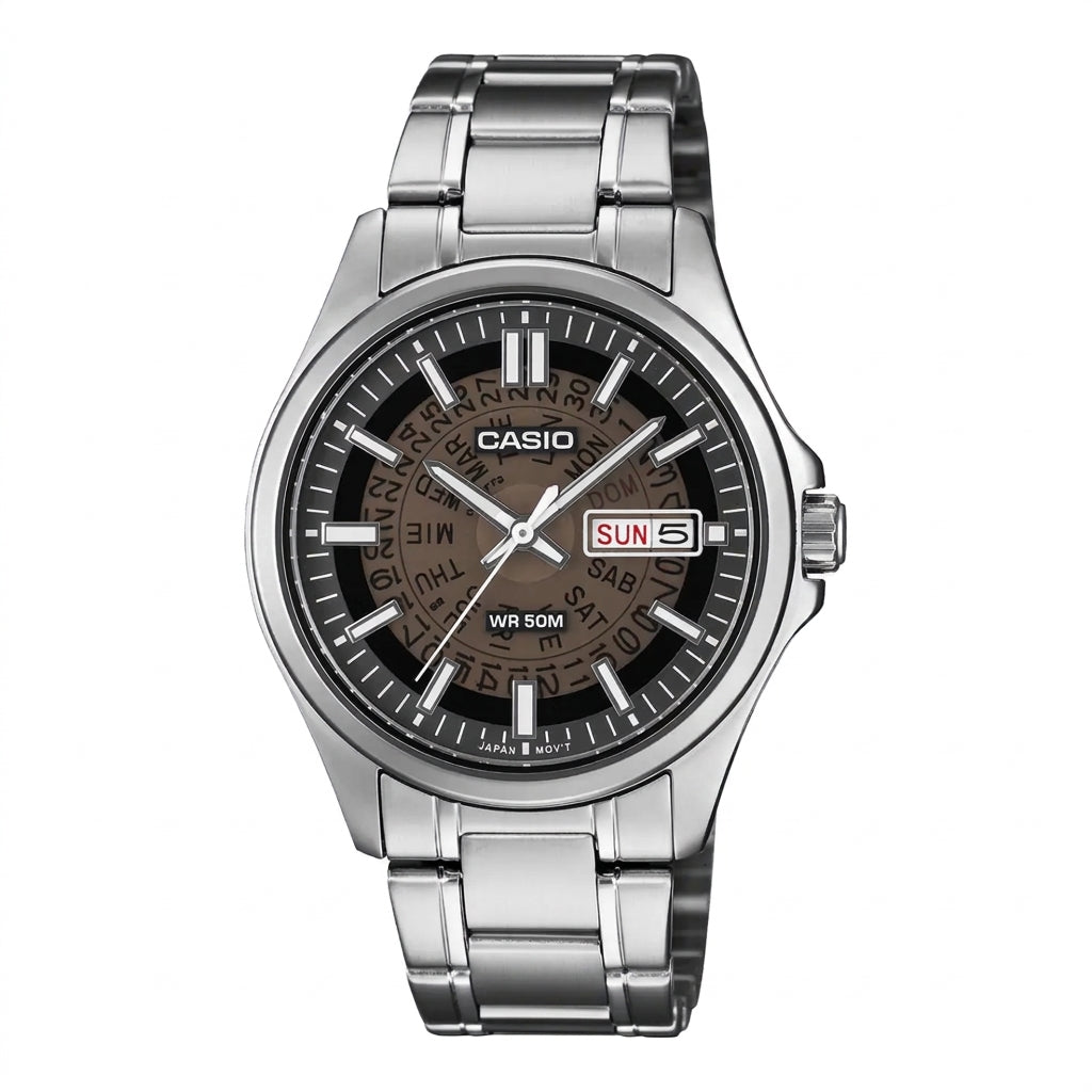 Casio Enticer MTP-E740-1AV men's watch with a translucent smoky charcoal-brown dial revealing the day-date mechanism, stainless steel case, and silver-tone bracelet.