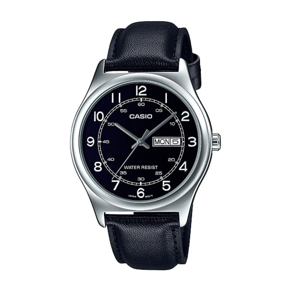 Casio Enticer MTP-V006L-1B2UDF black dial white Roman numerals black leather men's day-date watch with chrome-plated case