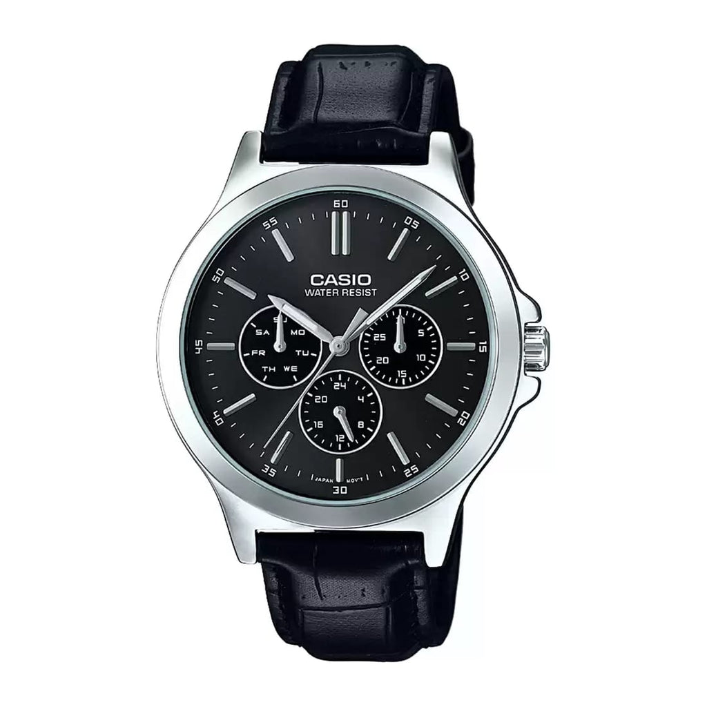Casio Enticer MTP-V300L-1AUDF Black Dial Black Leather Men's Multifunction Watch