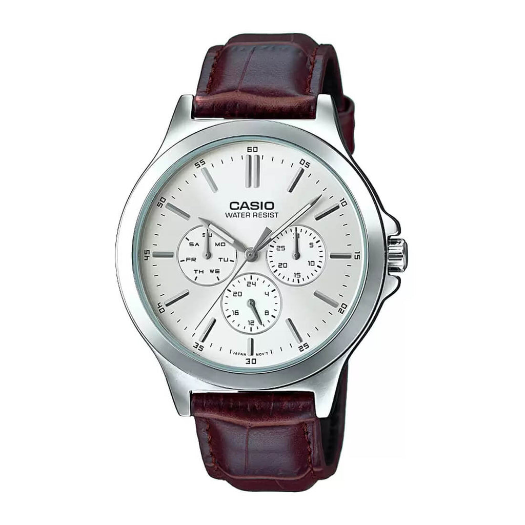 Casio Enticer MTP-V300L-7AUDF Silver-White Dial Dark Brown Leather Men's Multifunction Watch
