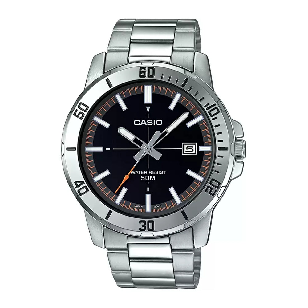 Casio Enticer MTP-VD01D-1E2VUDF Black Dial Orange Accents Stainless Steel Men's 50m Watch