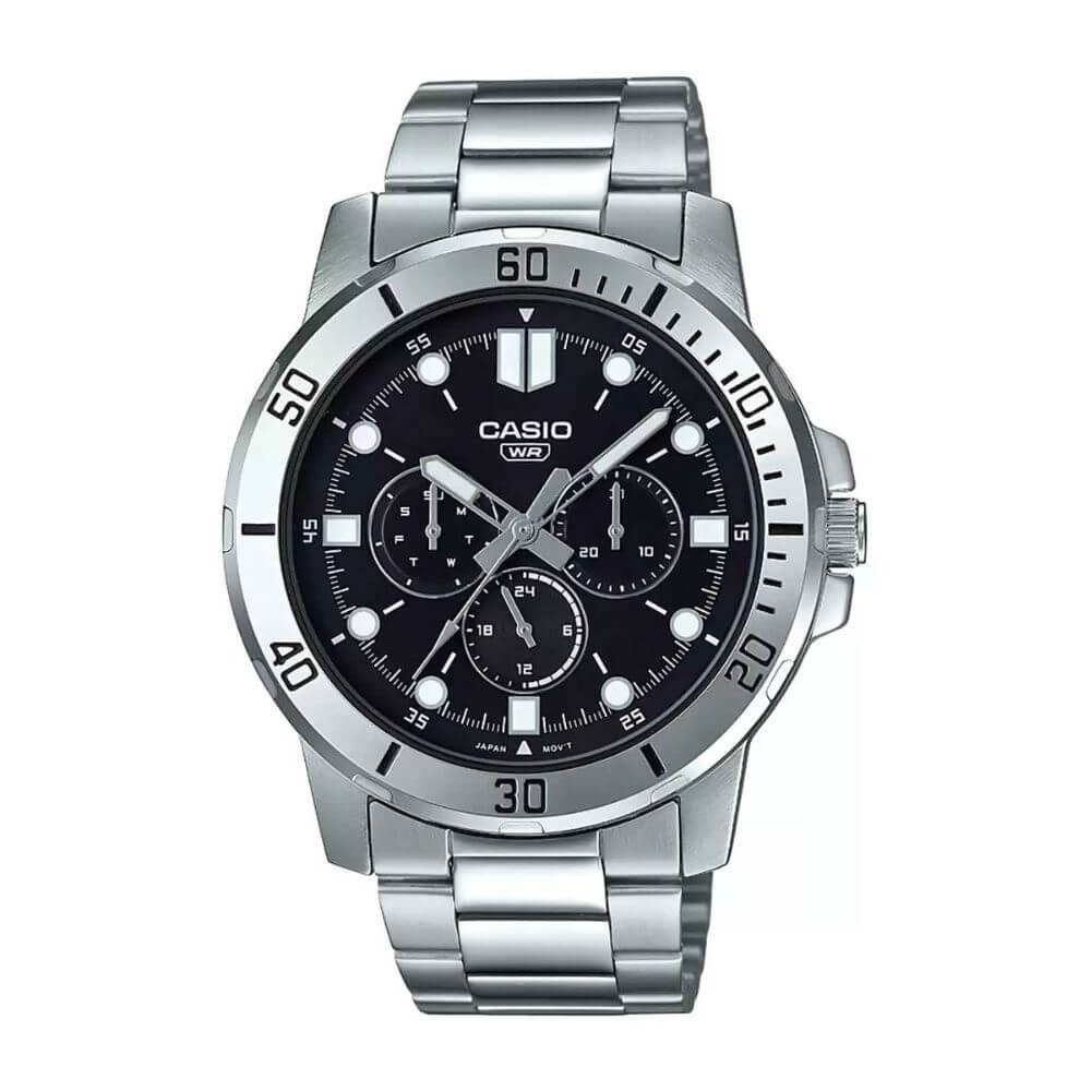 Casio Enticer MTP-VD300D-1EUDF black sunray dial stainless steel men's multifunction watch with day, date and 24-hour sub-dials and silver-tone bracelet.