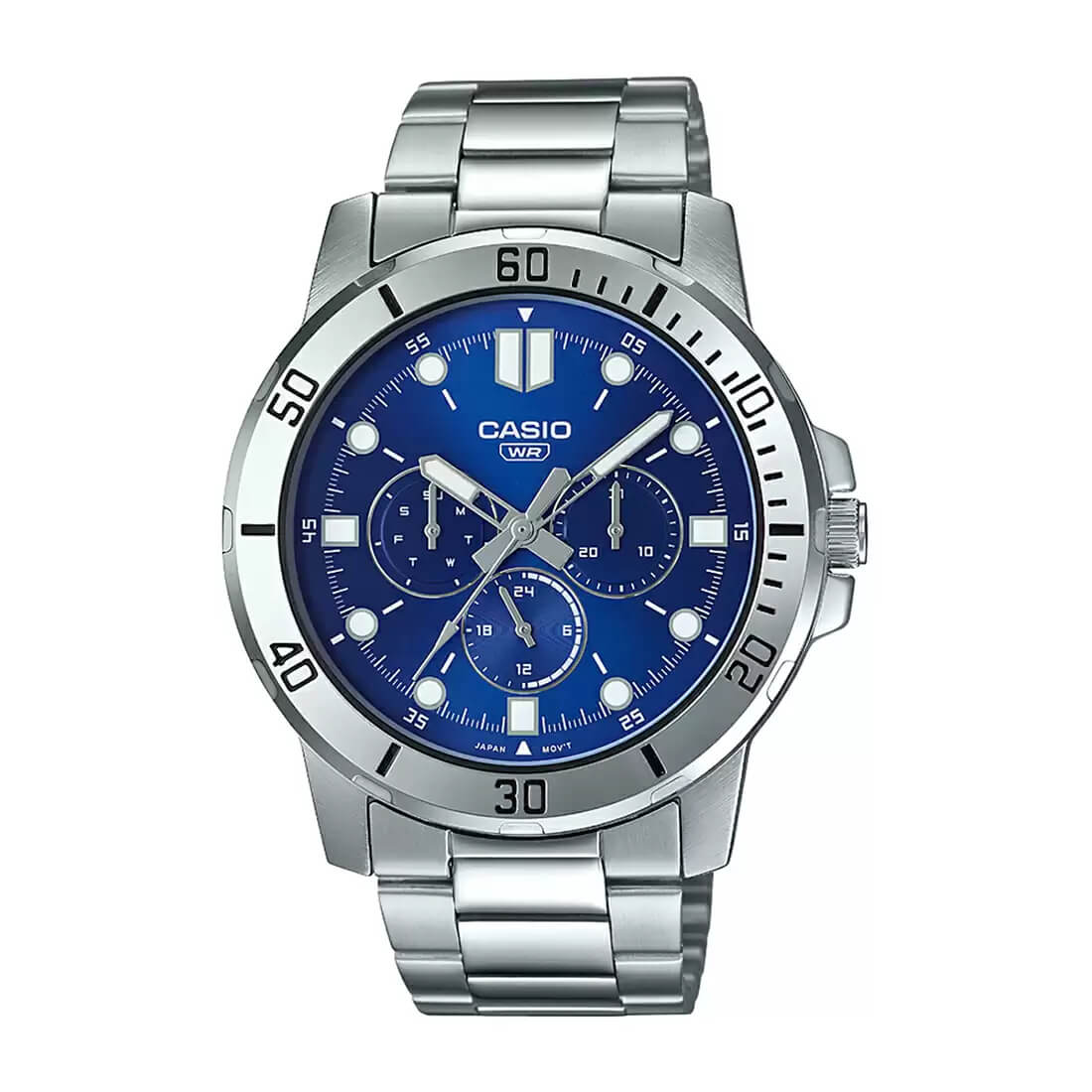 Casio Enticer MTP-VD300D-2EUDF deep blue sunray dial stainless steel men's multifunction watch with day, date and 24-hour sub-dials