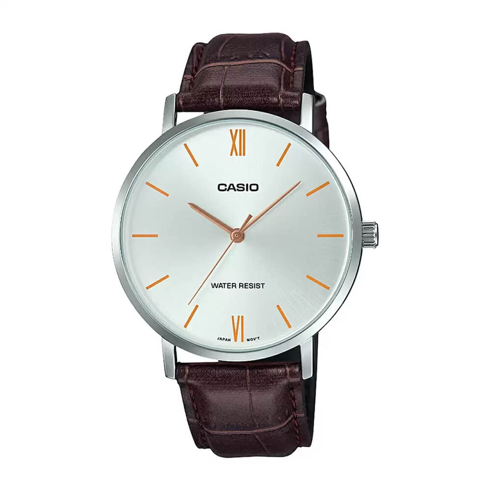 Casio Enticer MTP-VT01L-7B2UDF silver dial brown leather men's watch