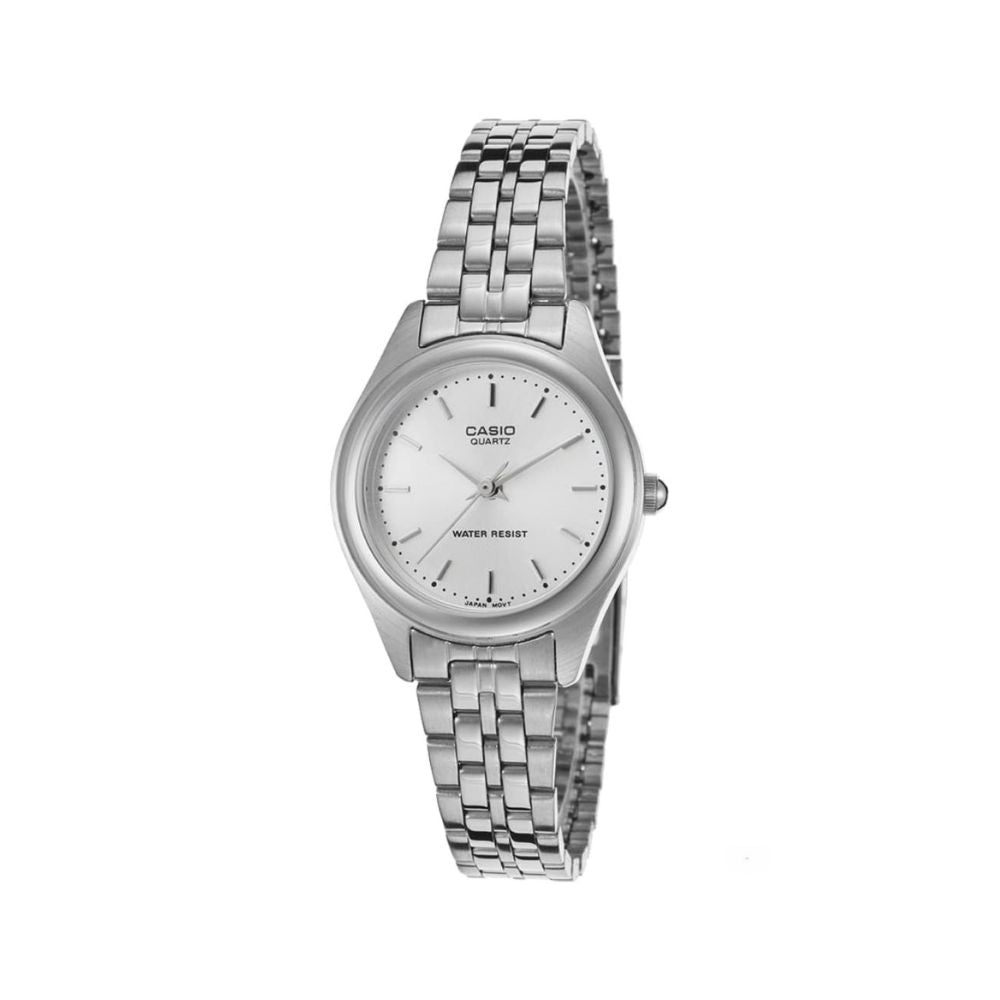 Casio LTP-1129A-7ARDF opaline white dial palladium-plated stainless steel women's watch with triple-fold clasp