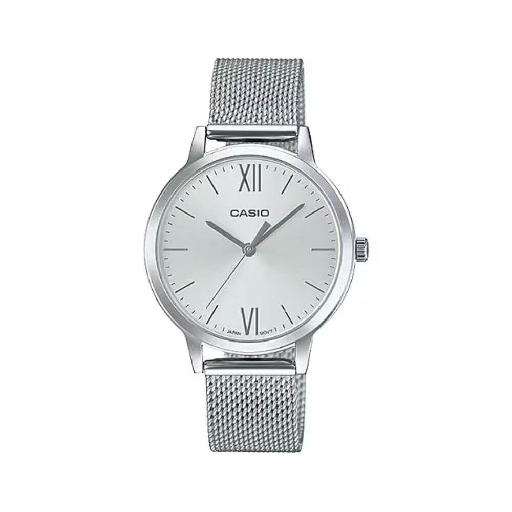 Casio LTP-E157M-7ADF silver dial stainless steel mesh women's watch with adjustable clasp