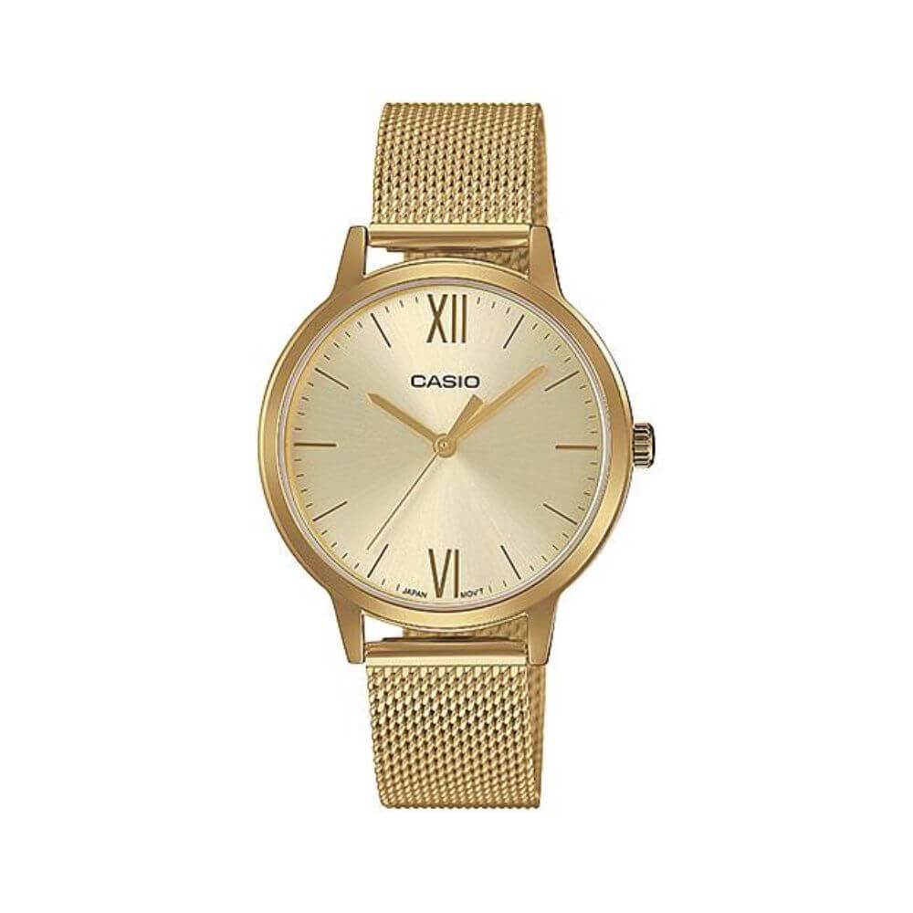 Casio LTP-E157MG-9ADF champagne gold dial gold ion-plated stainless steel mesh women's watch