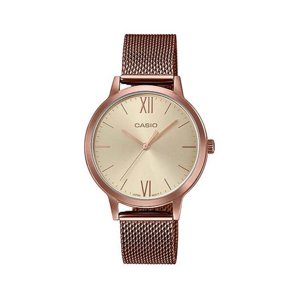 Casio LTP-E157MR-9ADF rose gold dial rose gold ion-plated stainless steel mesh women's watch