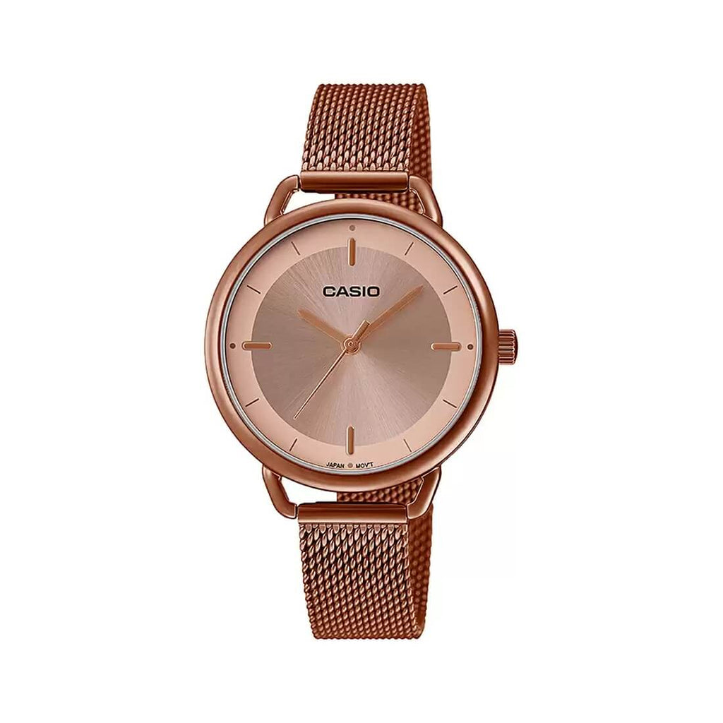 Casio LTP-E413MR-9ADF rose gold dial rose gold ion-plated stainless steel mesh women's watch with spherical mineral glass