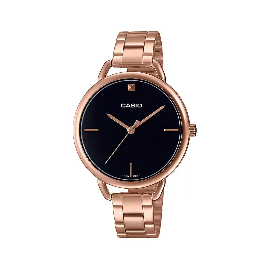 Casio LTP-E415PG-1CDF black dial pink gold stainless steel women's watch with curved spherical mineral glass