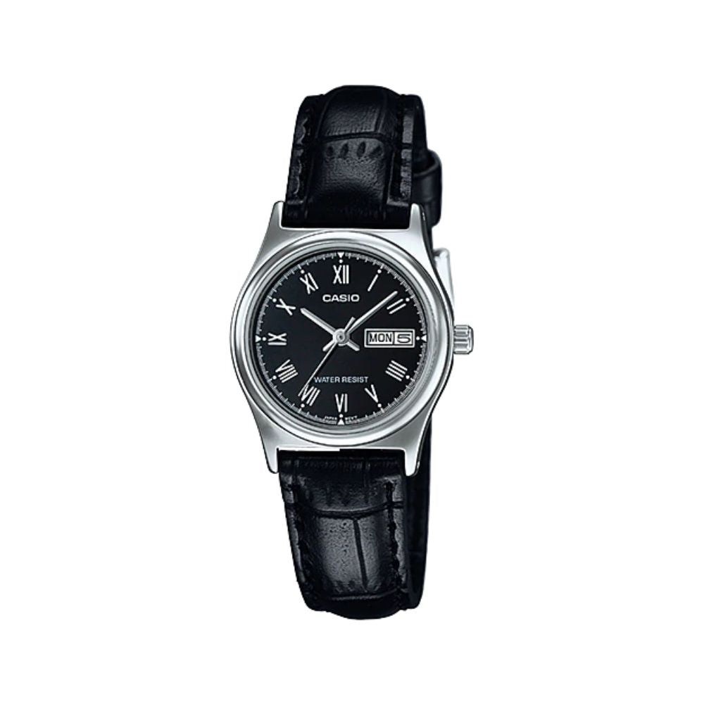 Casio LTP-V006L-1BUDF black dial black leather women's day-date watch