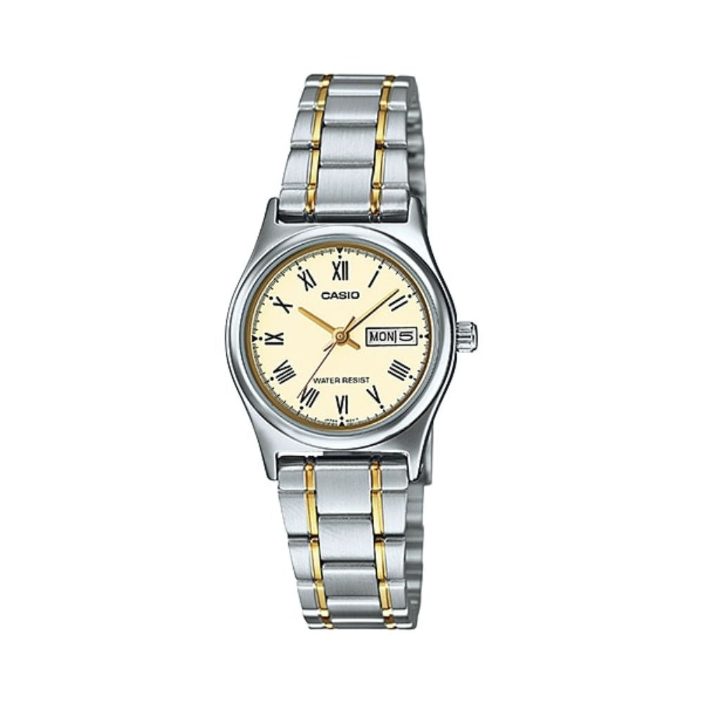 Casio LTP-V006SG-9BUDF cream champagne dial two-tone silver and gold stainless steel women's watch with day and date display