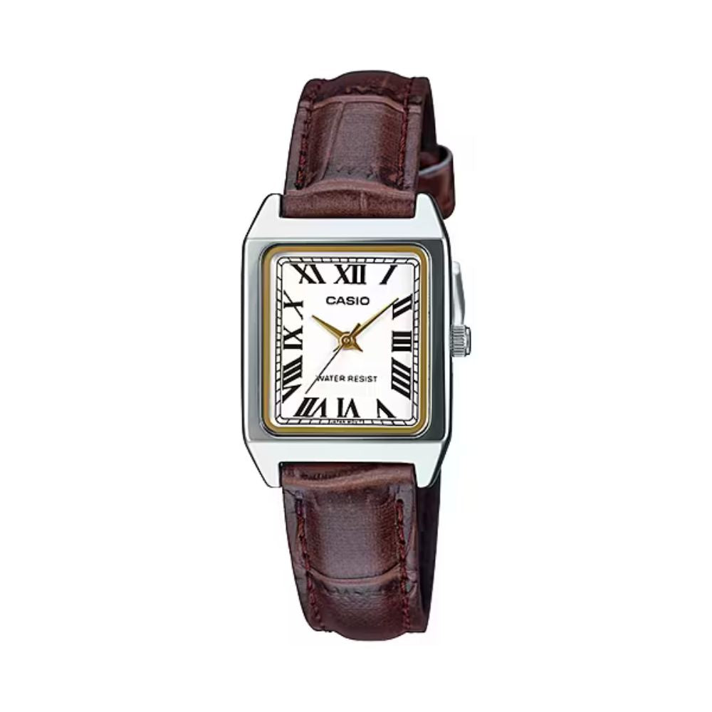Casio LTP-V007L-7B2UDF women's tank-style watch featuring a white analog dial, slim chrome-plated rectangular case, and brown leather strap.