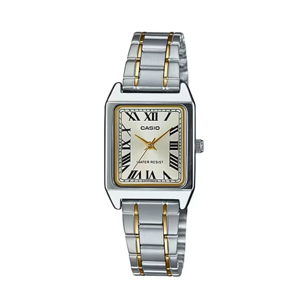 Casio LTP-V007SG-9BUDF champagne gold sunburst dial two-tone silver and gold stainless steel women's watch with black Roman numeral markers