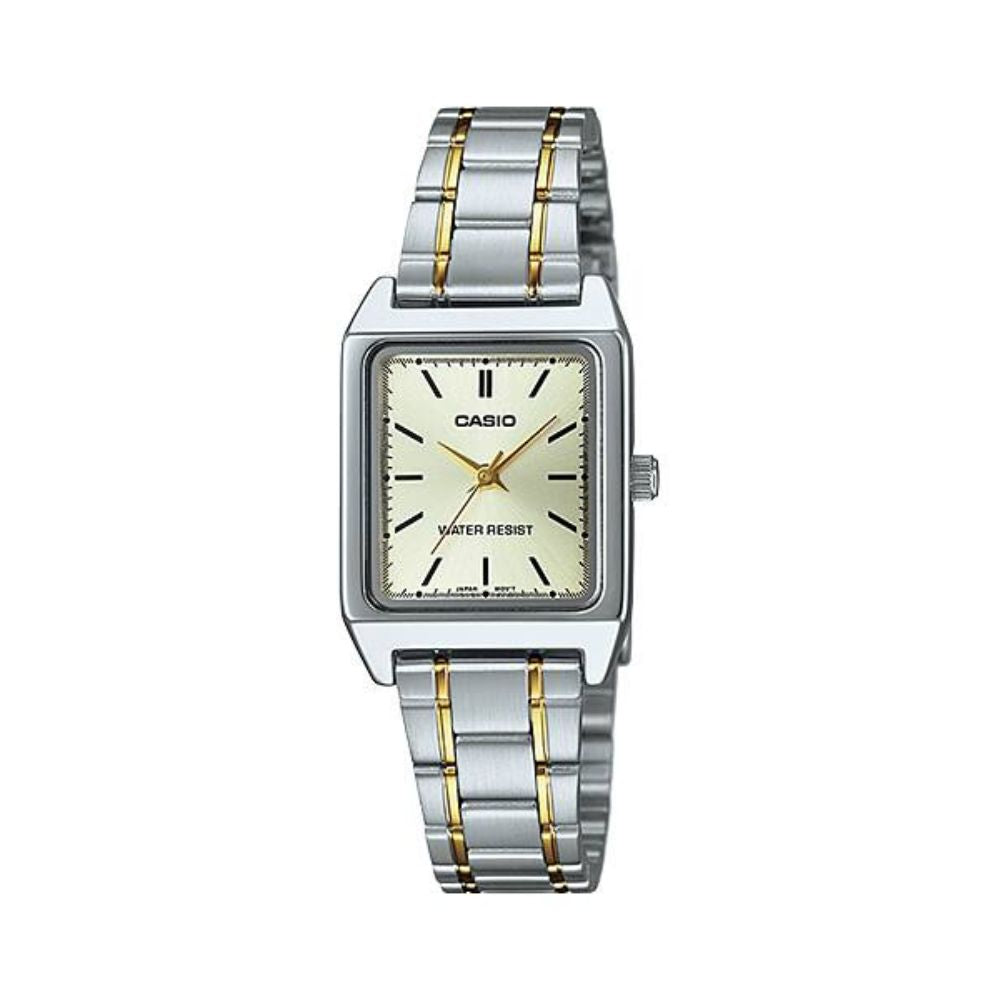 Casio LTP-V007SG-9EUDF champagne gold sunburst dial two-tone silver and gold stainless steel women's watch with stick hour markers