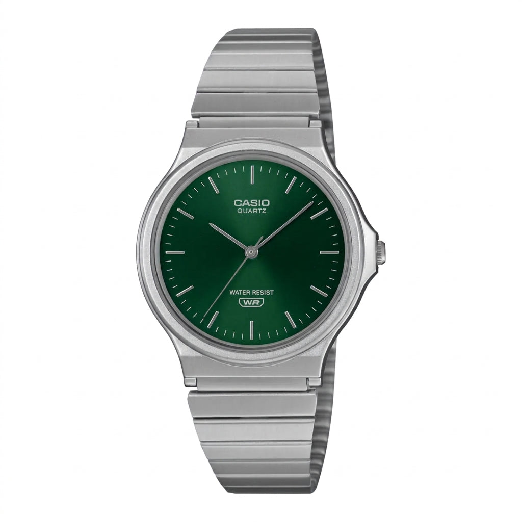 Casio MQ-24DA-3A unisex analog watch with a deep green metallic sunray dial, silver-tone resin case, raised metallic markers, and stainless steel bracelet.