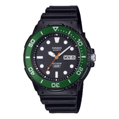 Casio MRW - 230H - 1E3V Men’s Black Resin Watch with Black Dial and Green Bezel| Casio MRW - 230H - 1E3V - VERSE - 