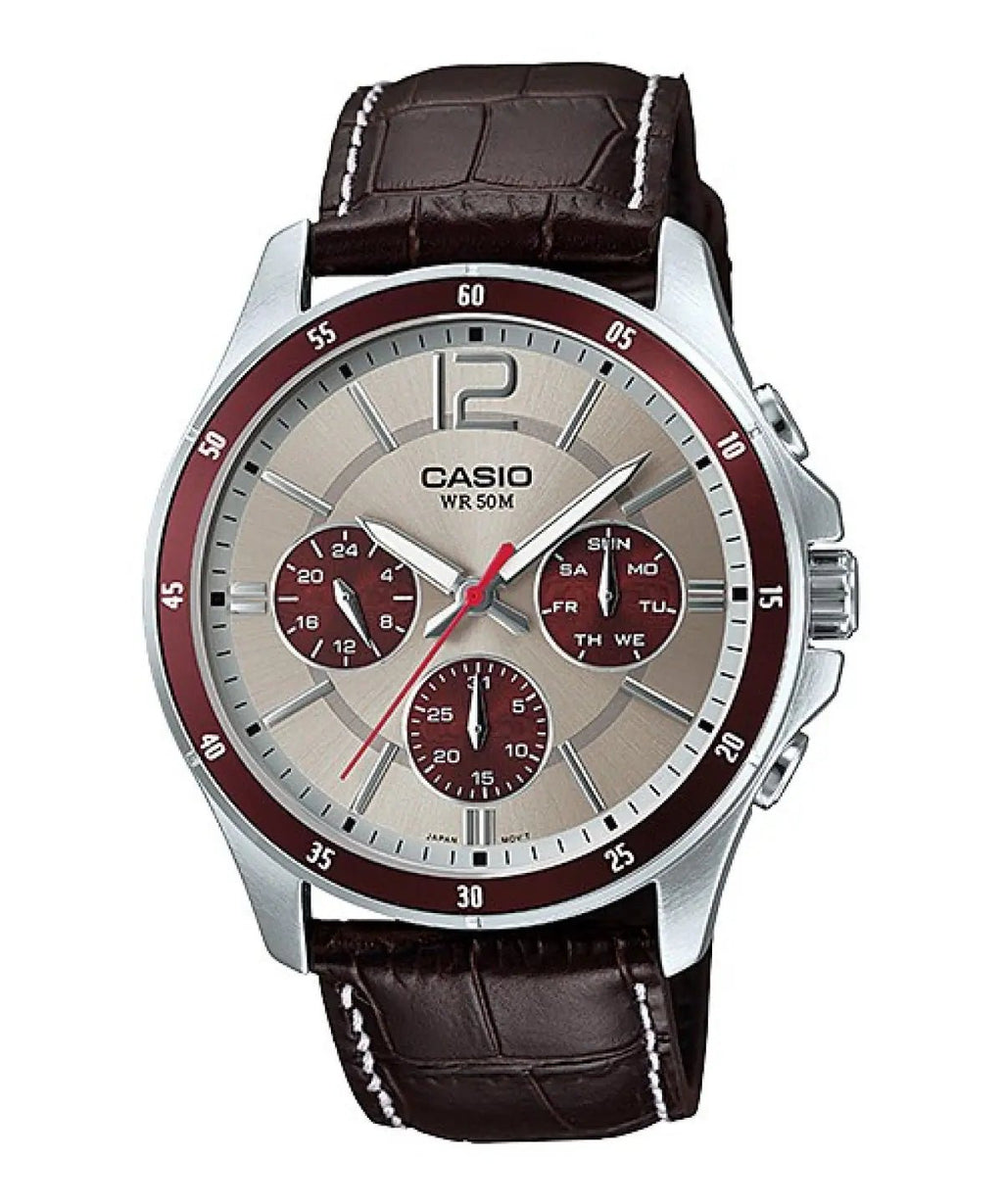 Casio MTP - 1374L - 7A1VDF Men’s Silver Dial Watch with Brown Leather Strap| Casio MTP - 1374L - 7A1VDF - VERSE - 
