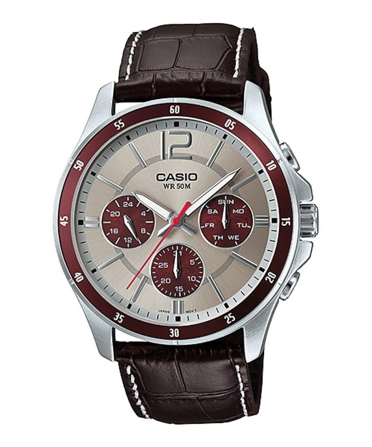 Casio MTP - 1374L - 7A1VDF Men’s Silver Dial Watch with Brown Leather Strap| Casio MTP - 1374L - 7A1VDF - VERSE - 