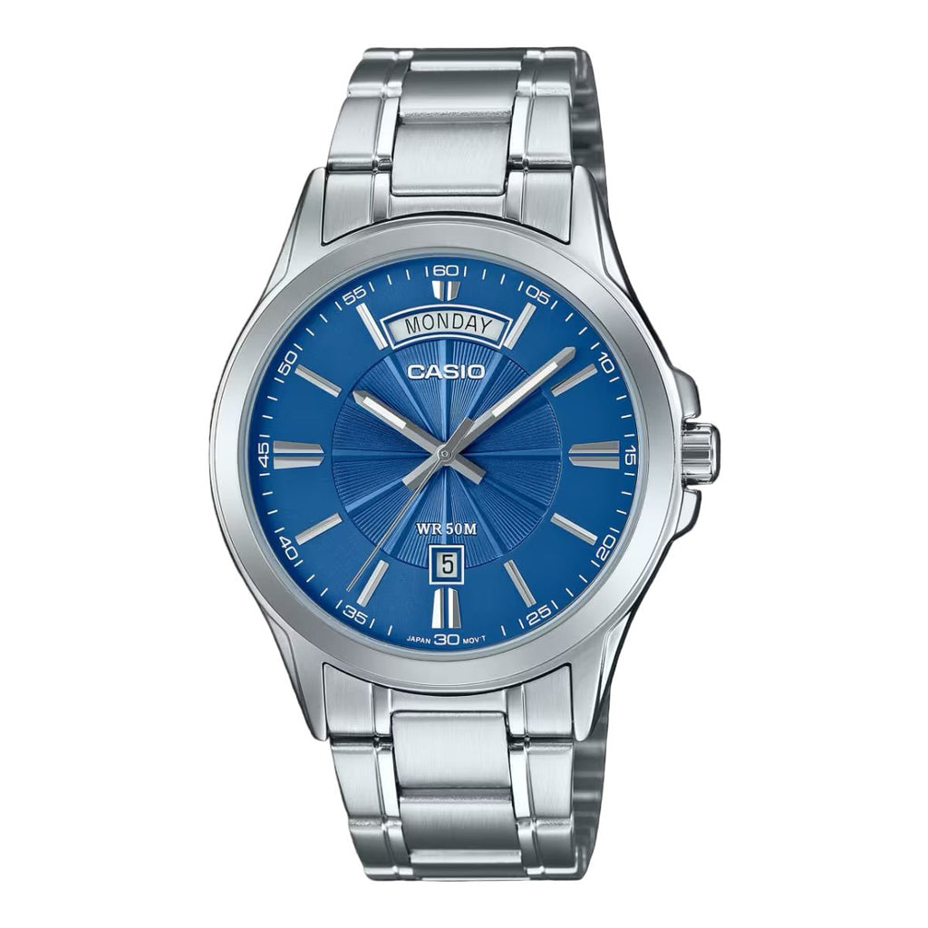 Casio MTP - 1381D - 2A Men’s Silver Stainless Steel Watch with Blue Dial| Casio MTP - 1381D - 2A - VERSE - 