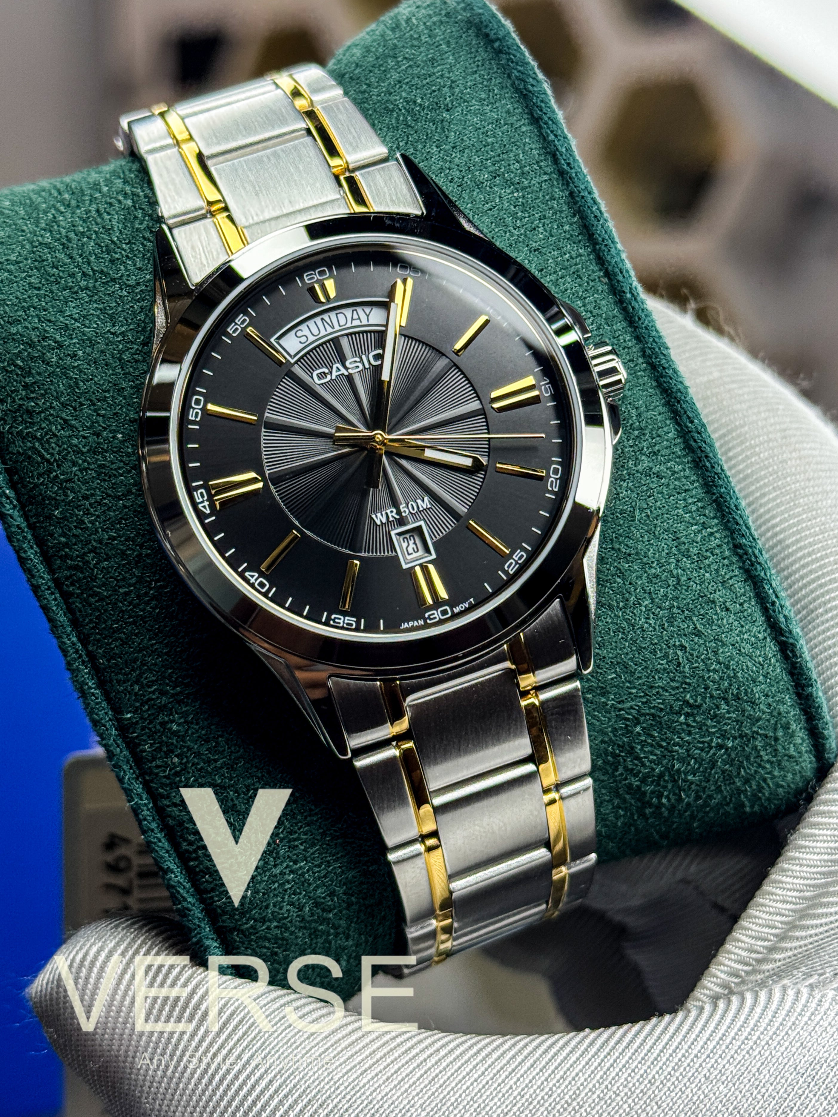 Casio MTP - 1381G - 1A Men’s Two - Tone Gold and Silver Watch with Black Dial | Casio MTP - 1381G - 1A - VERSE - 