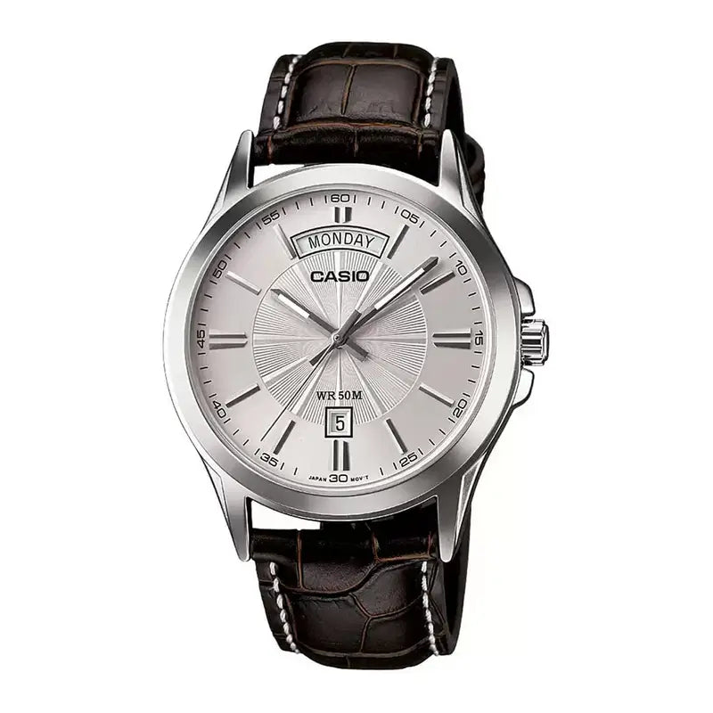 Casio MTP-1381L-7AVDF day-date silver dial brown leather men's  watch