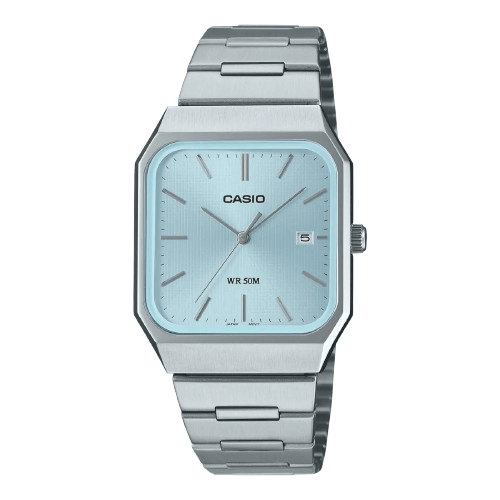Casio MTP - B185D - 2A2VDF Men’s Silver Stainless Steel Watch with Light Blue Dial| Casio MTP - B185D - 2A2VDF - VERSE - 