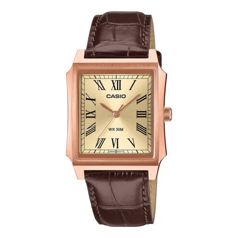 Casio MTP-B190RGL-9BVDF champagne dial brown leather men's tank watch