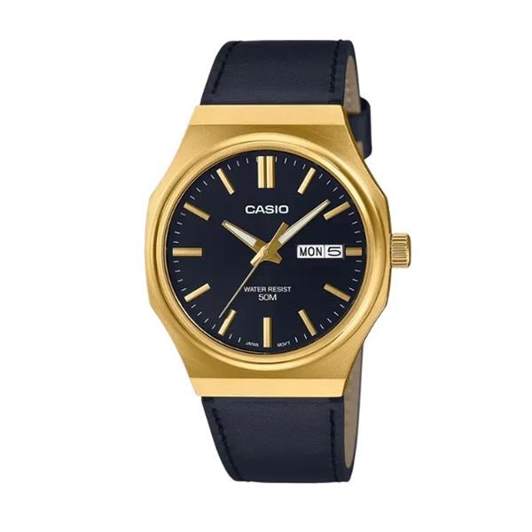 Casio MTP - E735GL - 1AV Day Date Black Dial Gold Tone Leather Men's Watch | Casio MTP - E735GL - 1AV - VERSE - 