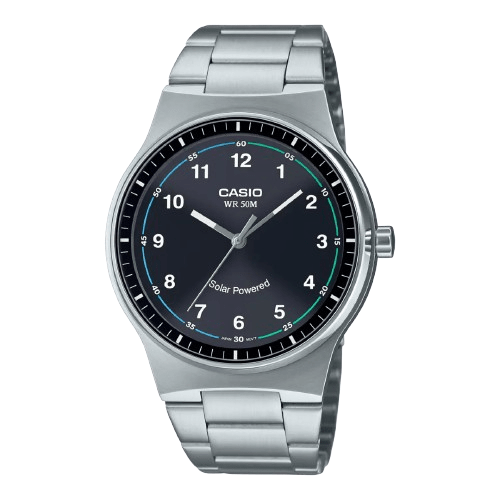 Casio MTP-RS105D-1BVDF Men’s Silver Stainless Steel Solar-Powered Watch with Black Dial| Casio MTP-RS105D-1BVDF
