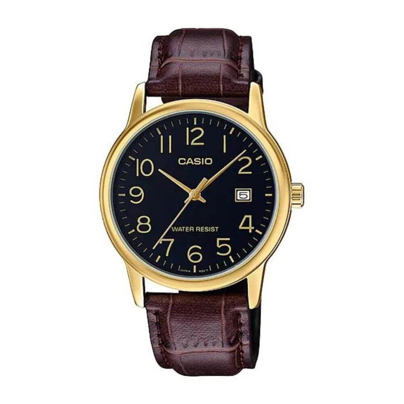 Casio MTP - V002GL - 1BUDF Black Dial Men’s Gold - Tone Leather Watch | Casio MTP - V002GL - 1BUDF - VERSE - 