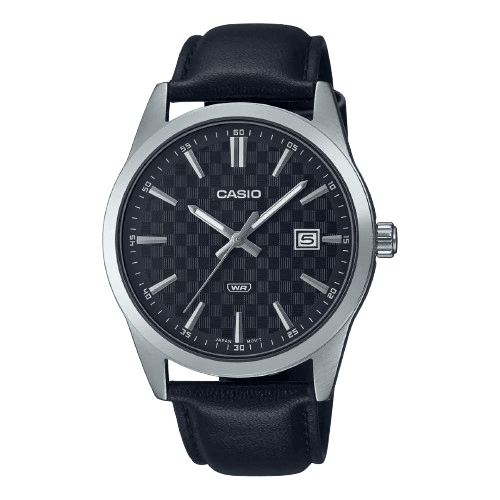 Casio MTP - VD03L - 1AUDF Men’s Silver Case Leather Strap Watch with Black Dial| Casio MTP - VD03L - 1AUDF - VERSE - 
