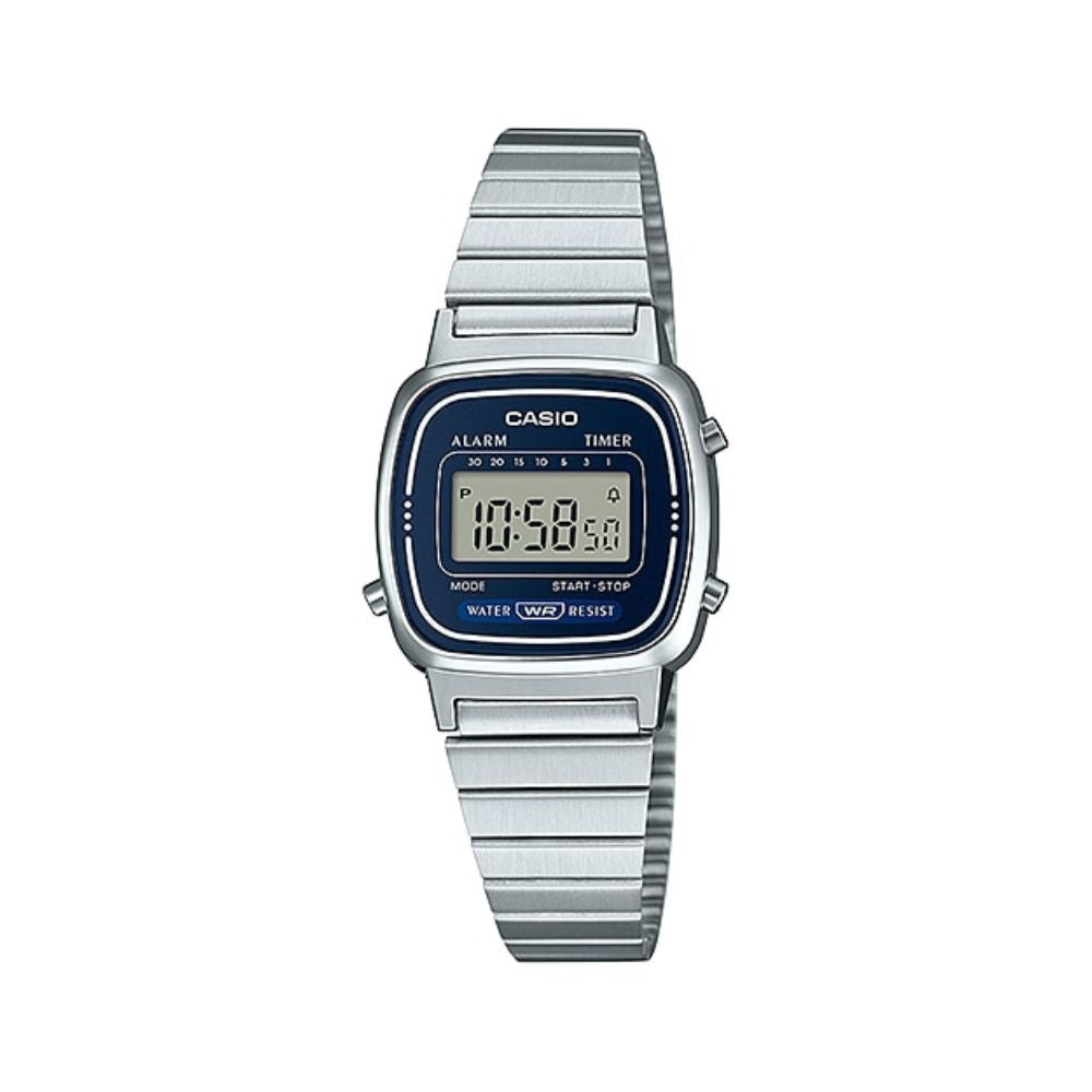 Casio Vintage LA670WA-2DF digital women's watch with soft blue border, grey display and stainless steel bracelet
