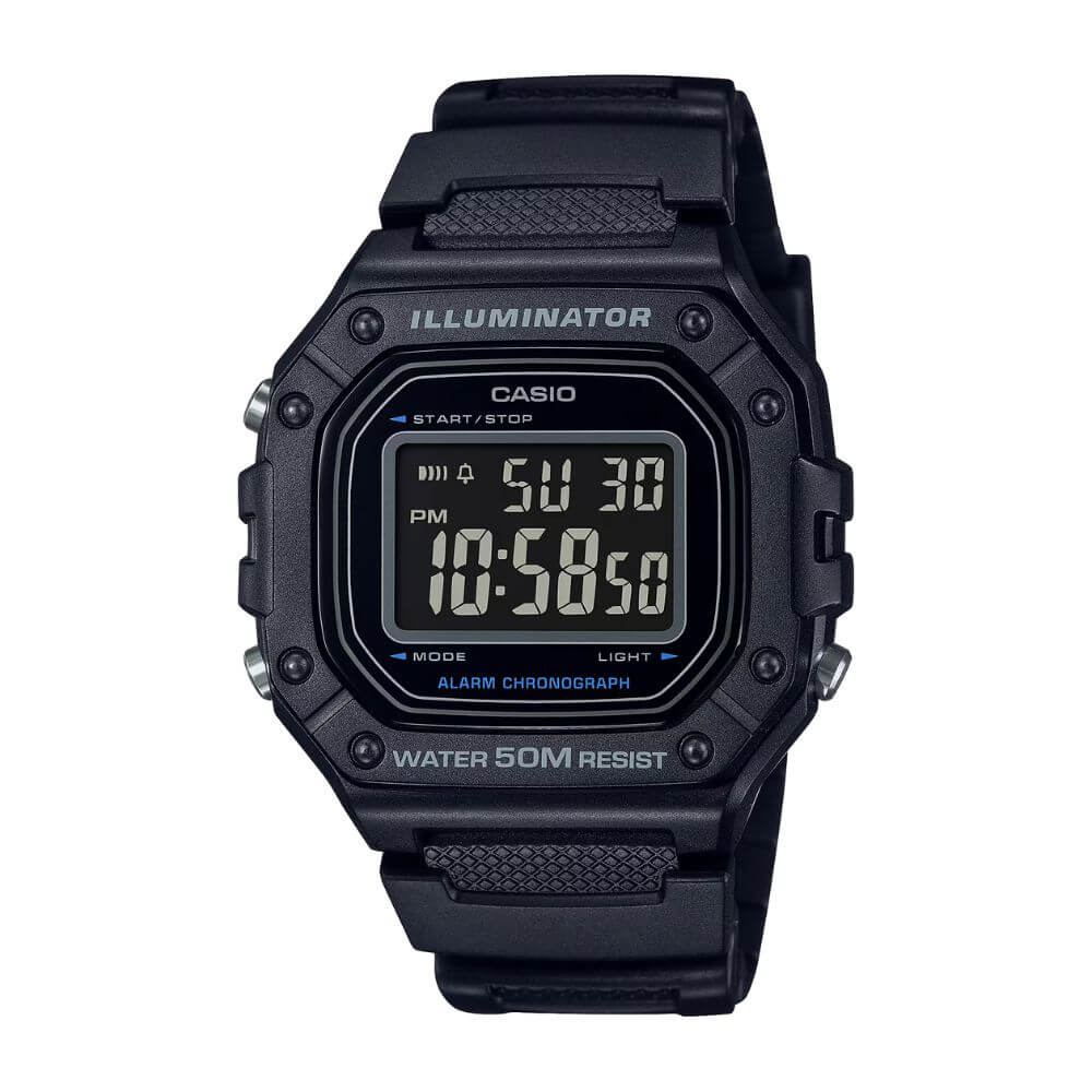 Casio W-218H-1BVDF black digital men's watch with resin case and resin band