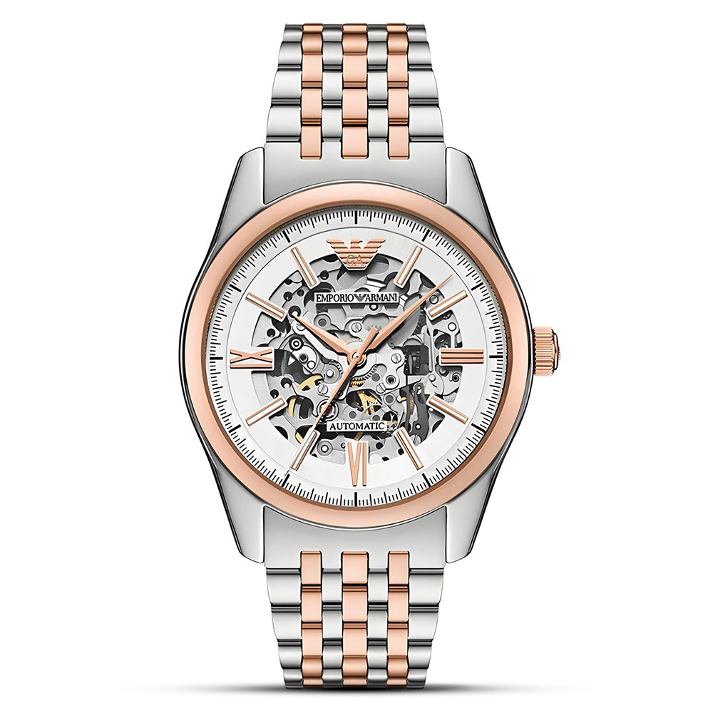 Emporio Armani Antonio AR60092 silver skeleton dial two-tone stainless steel automatic men's watch